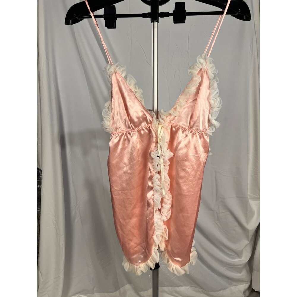 Julian Women’s Pink Tank‎ Lingerie with White Ruffles & Matching Thong Size M